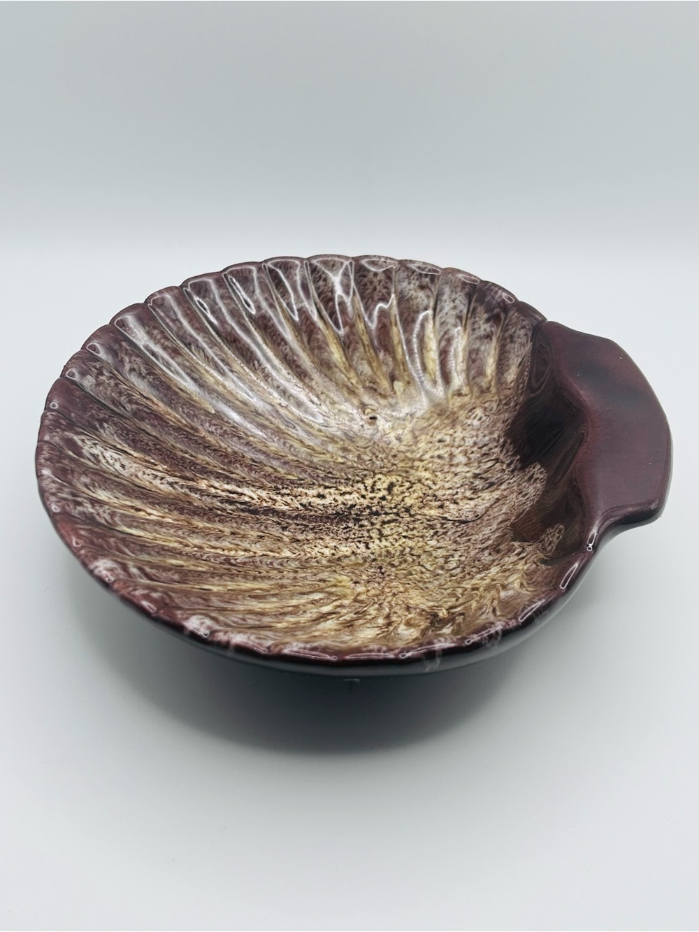 Vintage Evangeline Canada Pottery Clam Shell Dish Brown Drip Glaze, Footed Bowl
